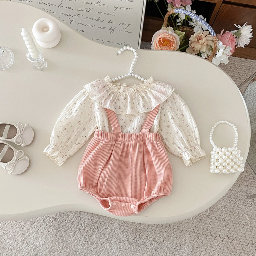 Spring and Autumn New Style Girls' baby Lace-Trim Sweet and Stylish Floral Top with Overalls Two-Piece Set