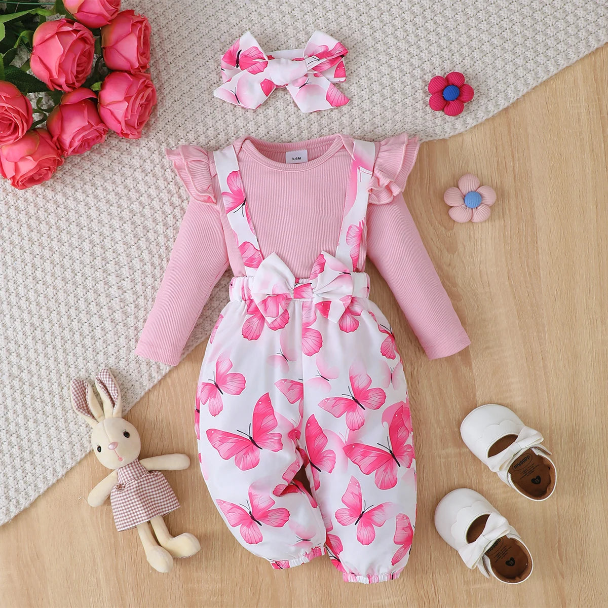 Three Piece Baby Girl Outfit Set With Jumpsuit Printed Pants And Headband Pit Strip 0 To 24 Months Spring Autumn