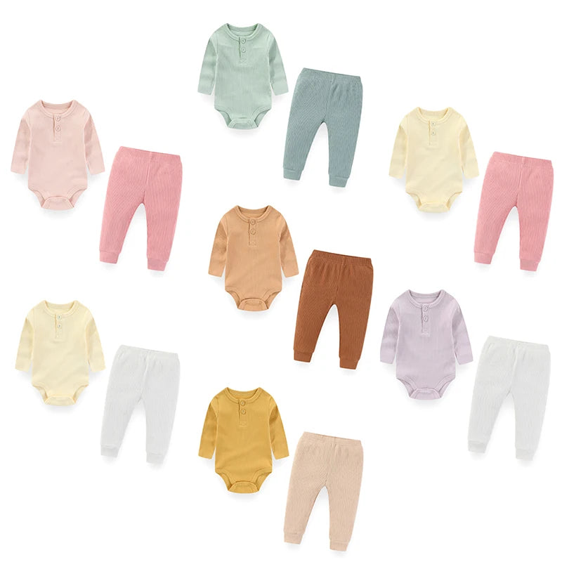 Unisex Baby Pure Color Outfit 2-Piece Set Long Sleeve Bodysuits+Pants 0-24 Months Infant Clothing Simple Onesies Trousers