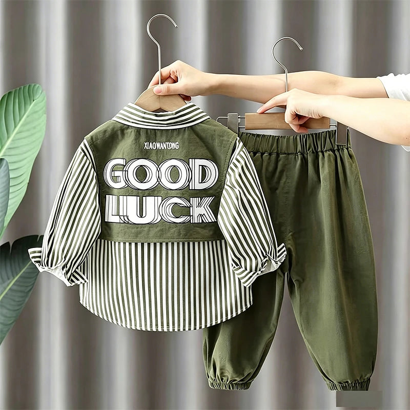 New Spring Autumn Boys Clothing Sets Long Sleeve Striped Letter Label Shirt + Pants 2Pcs Suit For 2-8 Years Kids Casual Outfits