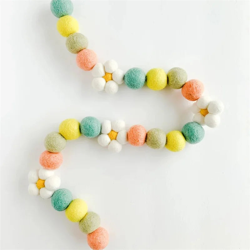 Ins Wool Felt Balls Daisy Flower Wall Hanging Decor String Garlands Model 001 Photo Props