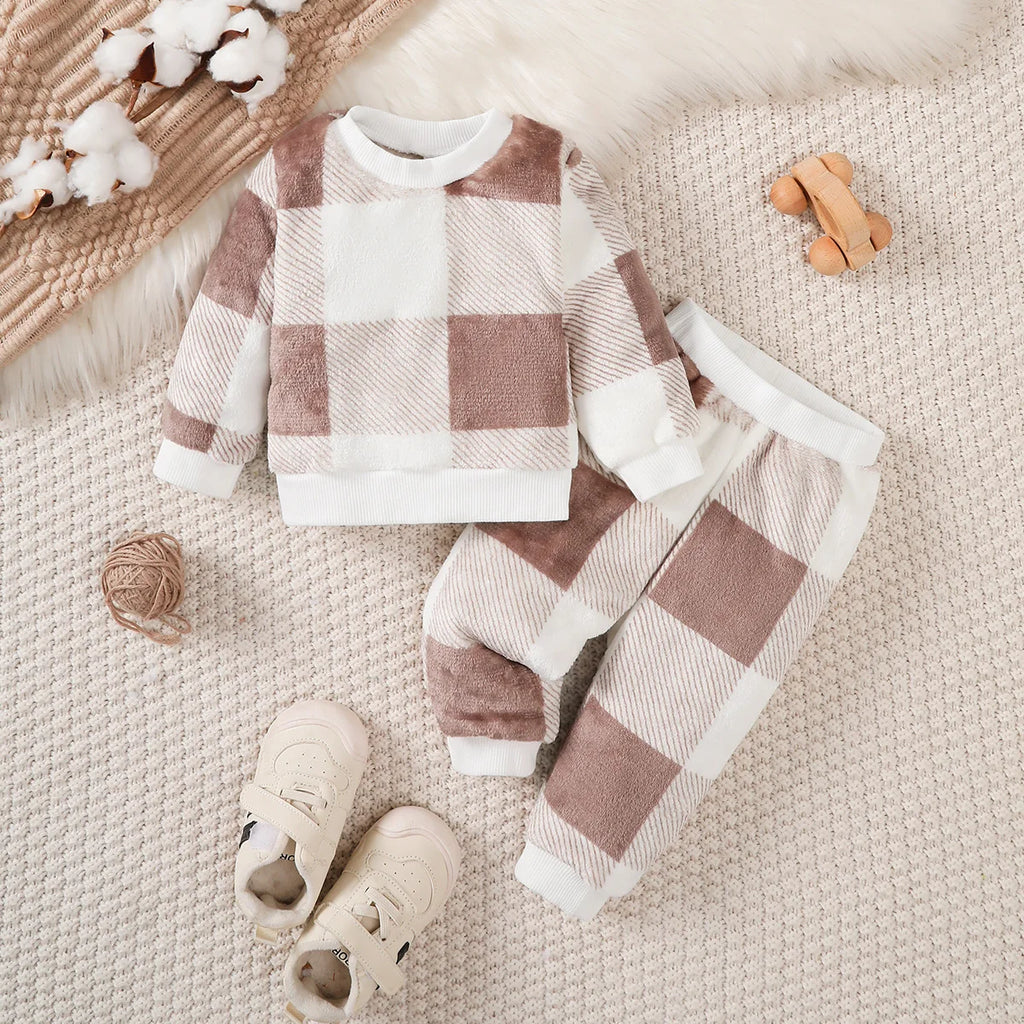 Baby boy plush Suit gray and White Checkered Top+Pants 2Pcs/set suitable for 0-24 Months Baby boy Winter warm suit Baby clothes