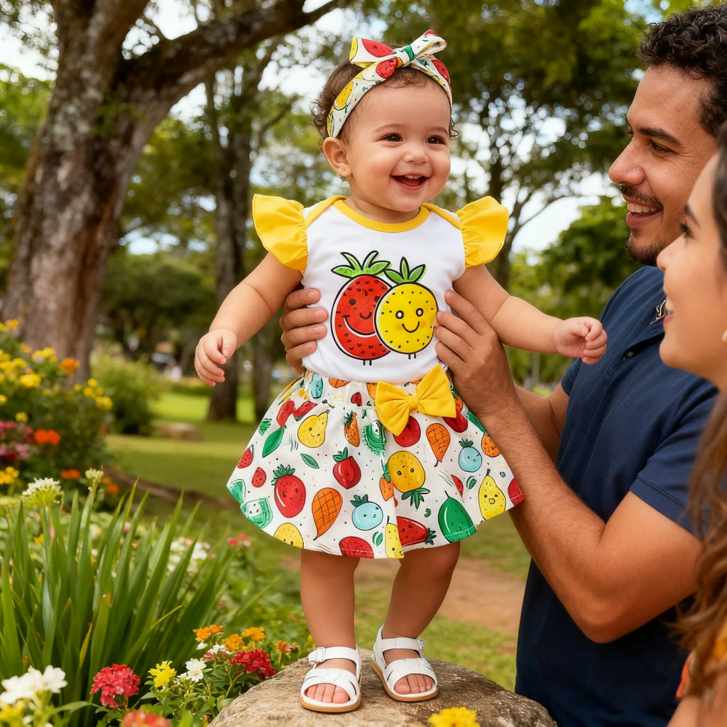 3Pcs Baby Girl Round Neck Fruit Bodysuit+Bow Fruit Print Skirt +Hair band Summer Set Suitable for 0-12 Months Baby Girl Cute Set