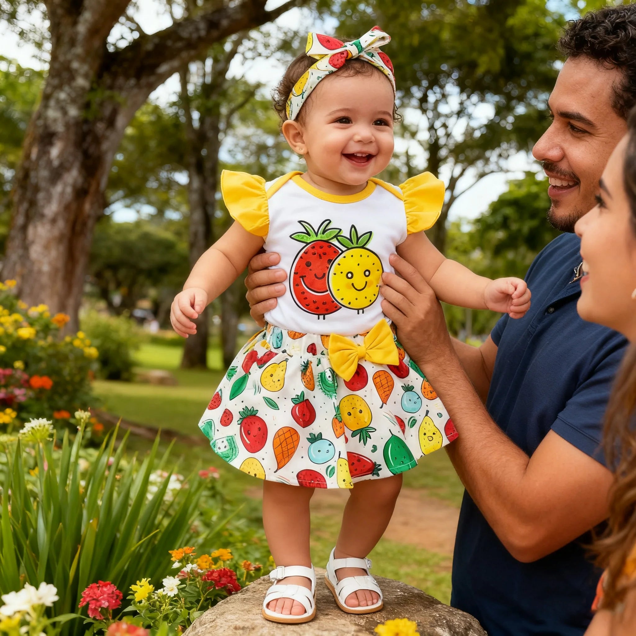 3Pcs Baby Girl Round Neck Fruit Bodysuit+Bow Fruit Print Skirt +Hair band Summer Set Suitable for 0-12 Months Baby Girl Cute Set