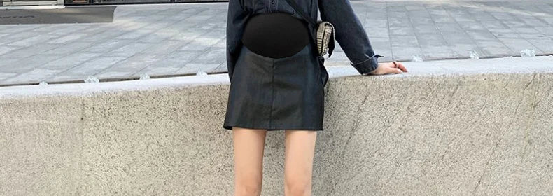 Pretty Maternity Autumn Skirts Vintage High Waist Pregnant Woman Slim Belly Skirts Elegant Pregnancy A-line Pu Leather Skirt