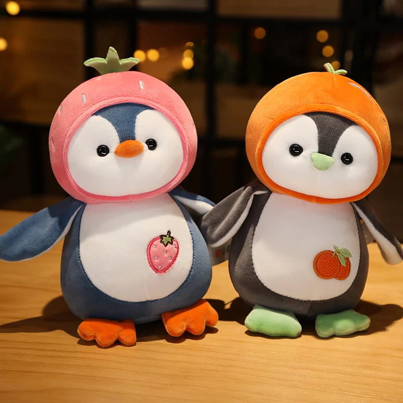 1PC Cartoon Penguin Plush Toys Kawaii Soft Doll Dress up Strawberry Orange Kids Plushie Girls Gift
