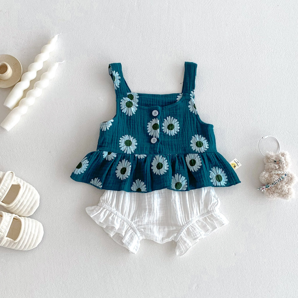 Summer Baby Girl's Daisy Printed Suspenders Top + Lace Shorts Set - Sweet Printed 2-Piece Set