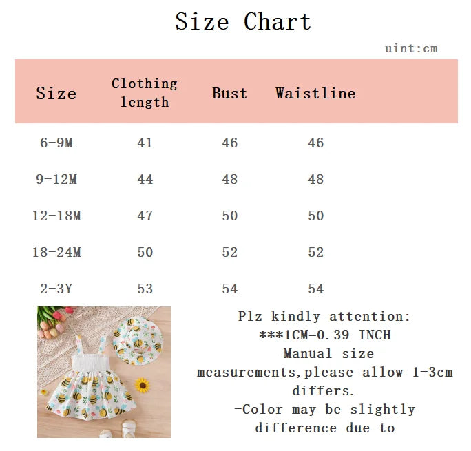 Baby Girl Dress Cartoon Bee Printed Strap Dress+Hat 2Pcs/Set 0-3 Year Old Cute Baby Girl Summer Dress Set Baby clothing