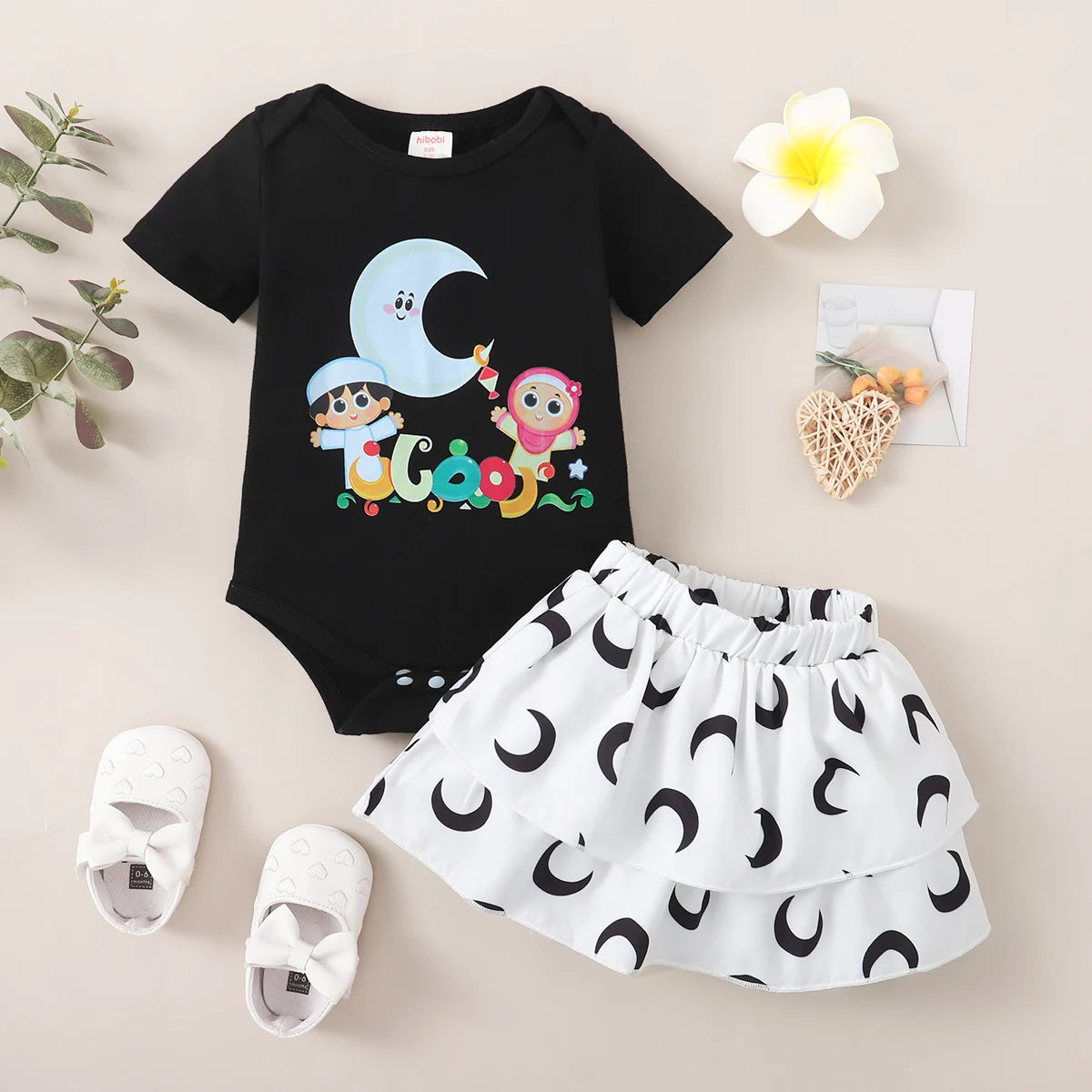 2pcs Baby girl Summer set Round Neck Moon Print Bodysuit+Cake skirt Set suitable for 0-18 Months Newborns set Baby clothing