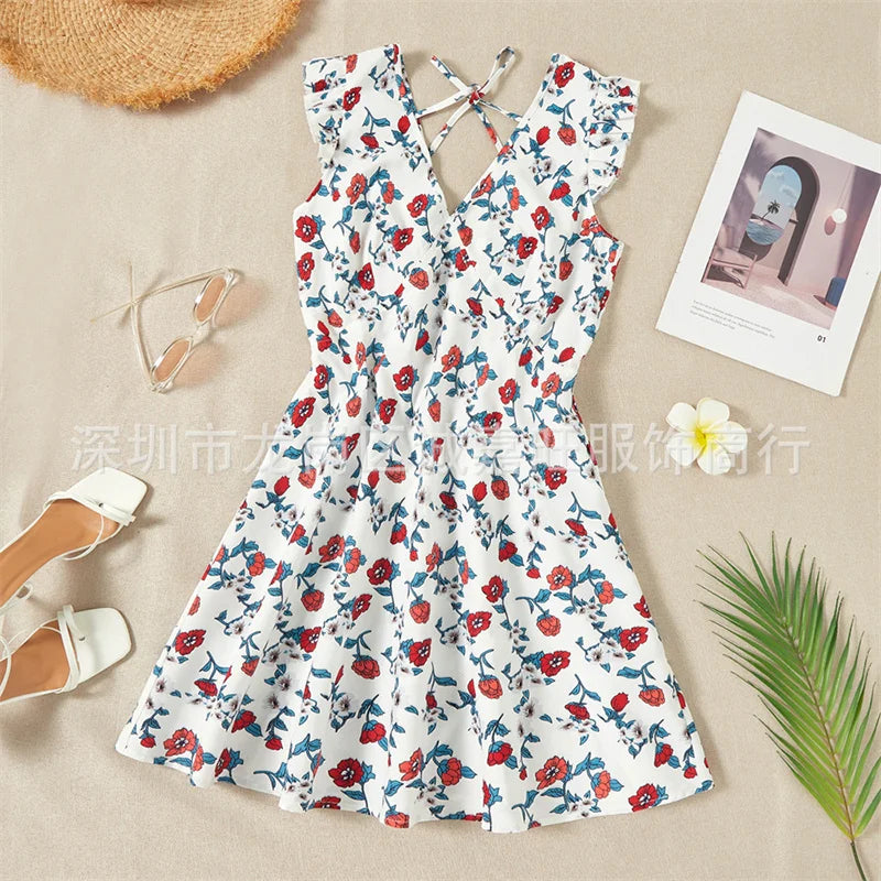 Parent-child Backless Dress Mummy Daughter Summer Floral Vestidos New Children Printed V-neck Gown Family Short Sleeve Clothing