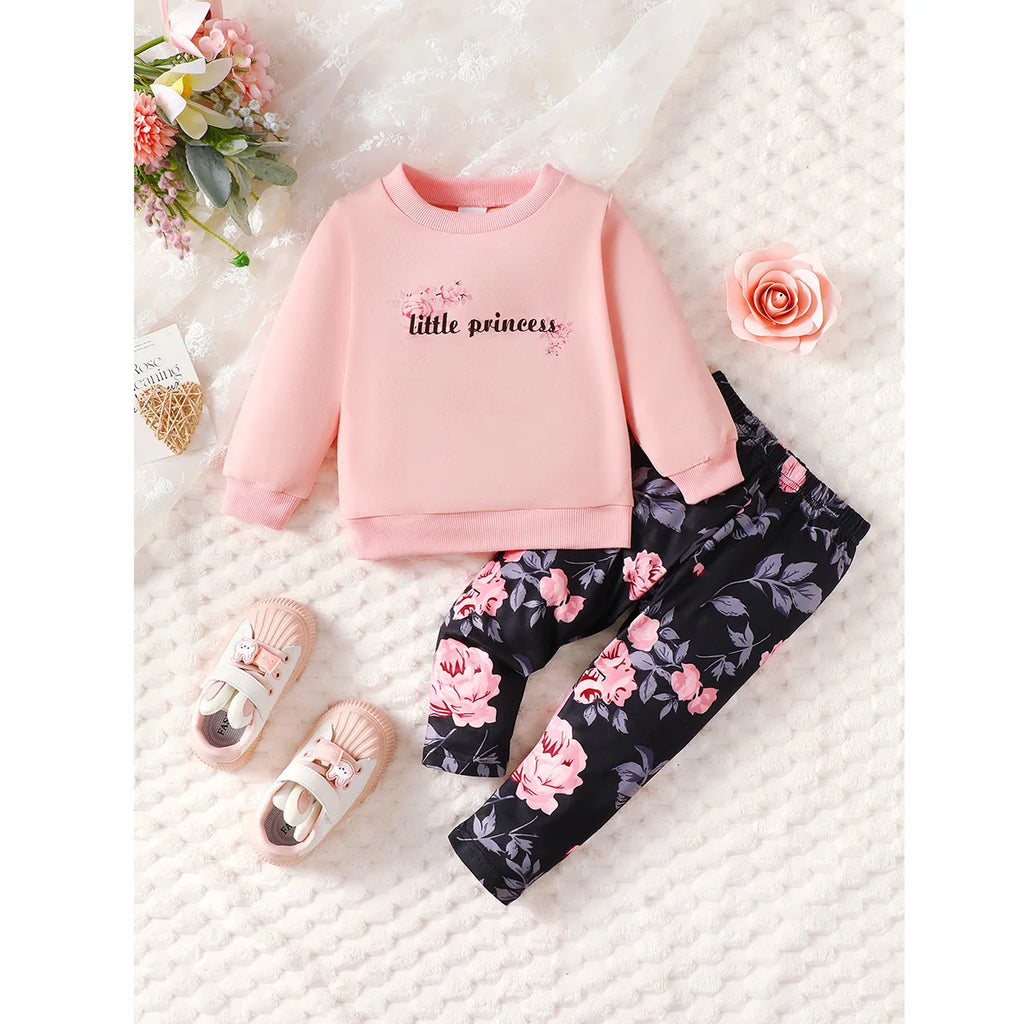 Baby Girl's Pink Pullover Top And Slim Fit Floral Pants Set Casual Spring Autumn Fashion Two-Piece Outfit with Letter Print