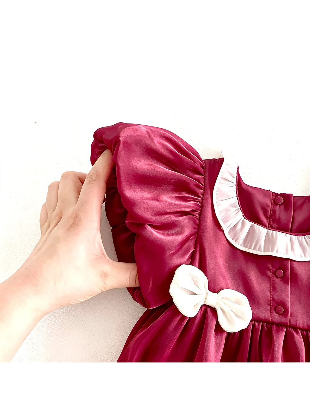 Baby-Fitting Ruffle-Collar, Cap-Sleeve, Bow-Tie Burgundy Baby Girl Onesie—Cute Spring/Summer Outfit for Newborns