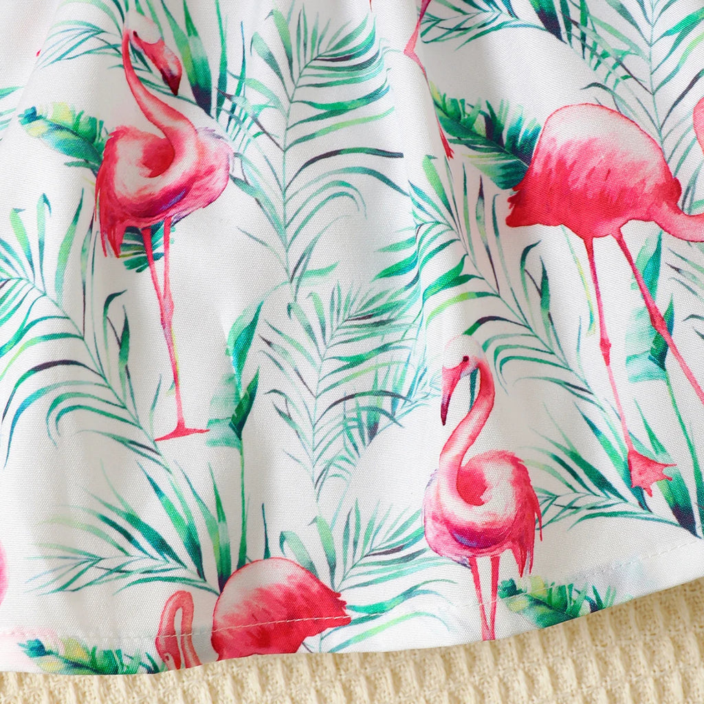 Baby girl Dress Flying sleeve Flamingo Printing Dress+Headband Two-piece Set 0-3 Year Toddler Baby Girl Summer Leisure Dress