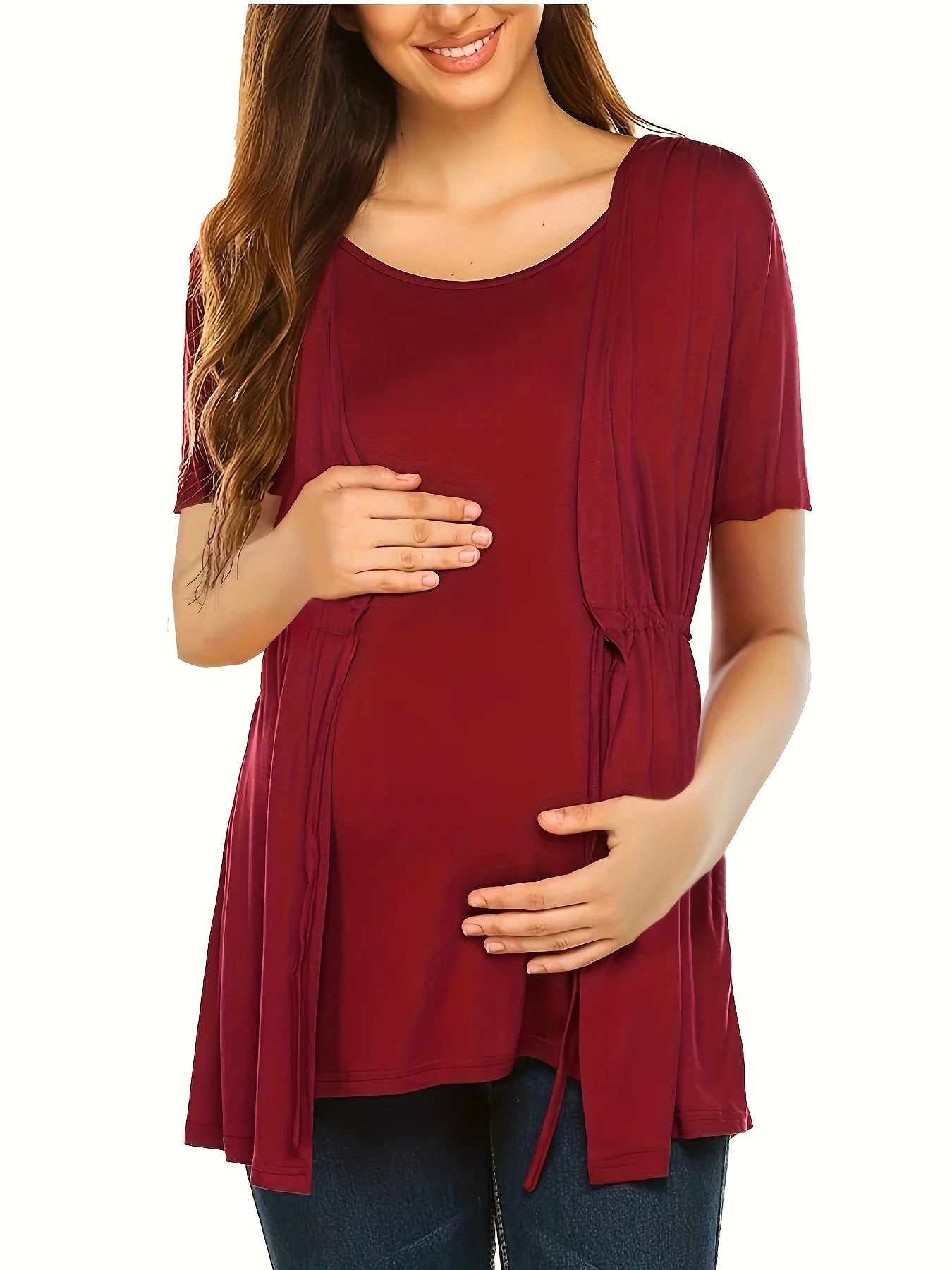 2025 Maternity Women Breastfeeding Shirt Short Sleeve Double Layer Nursing Tops T-shirt Maternity Clothes Round Neck Two-Piece ﻿