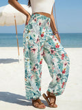 Women's Smocked High Waist Wide Leg Loose Drawstring Floral Tropical Summer Dress Capris for Casual Beach and Business Wear