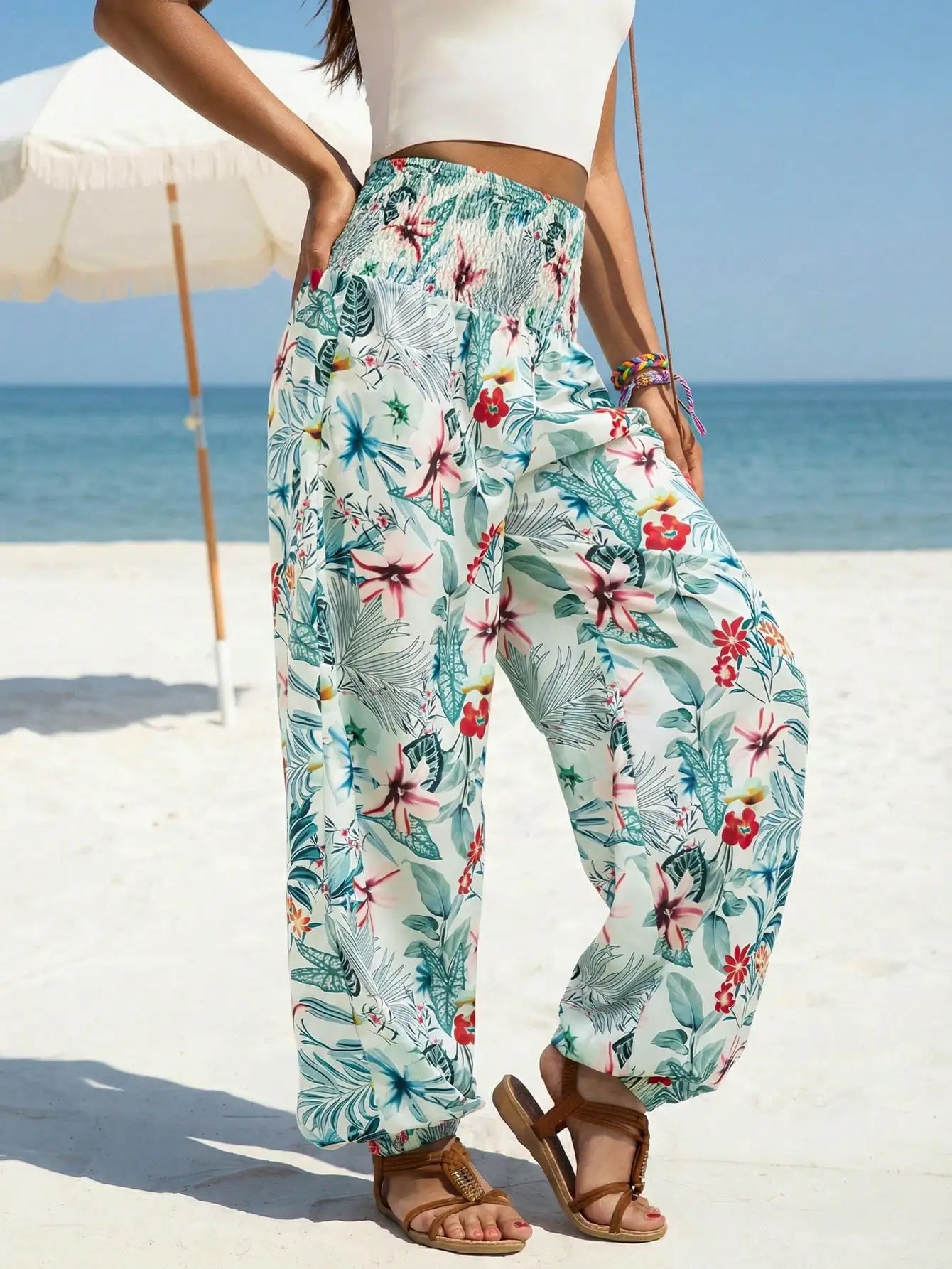 Women's Smocked High Waist Wide Leg Loose Drawstring Floral Tropical Summer Dress Capris for Casual Beach and Business Wear