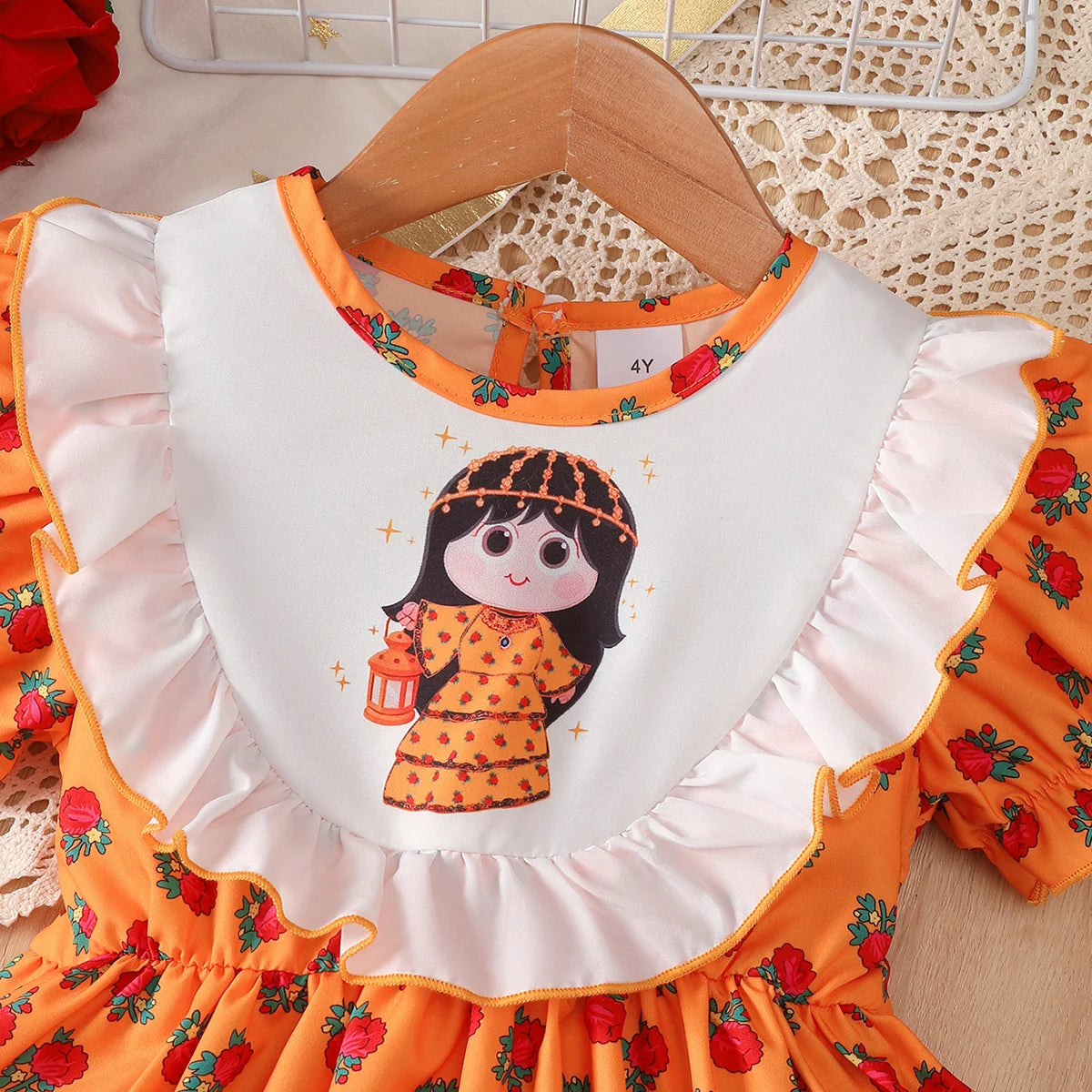 2Pcs Girls' Ramadan Dress with Ruffled Sudan rose Print Bubble sleeve Dress and Small bag Set  for 4-7 Year girls' Summer dress