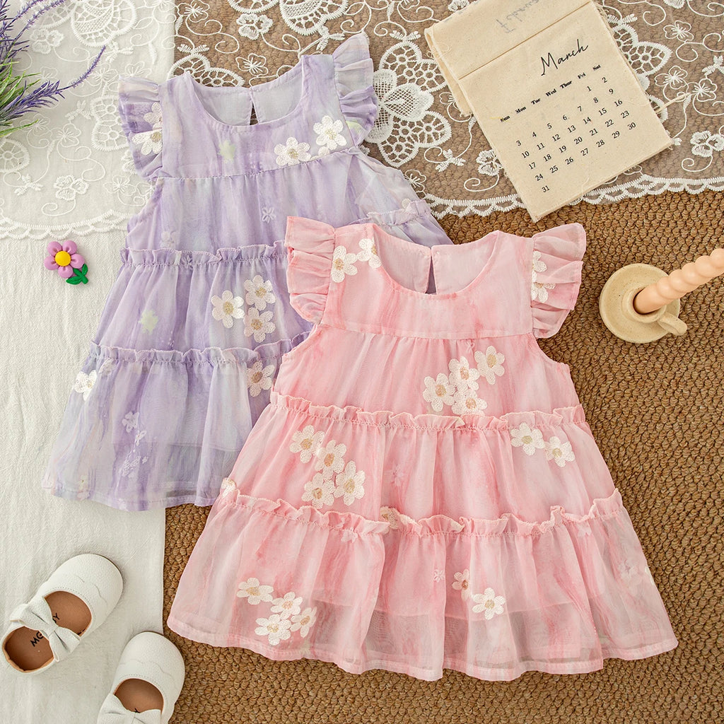 Baby Clothes for Girl Summer Fashion Floral Purple Birthday Party Baby Girl Fairy Dress Korean Style Sweet Toddler Tulle Dress