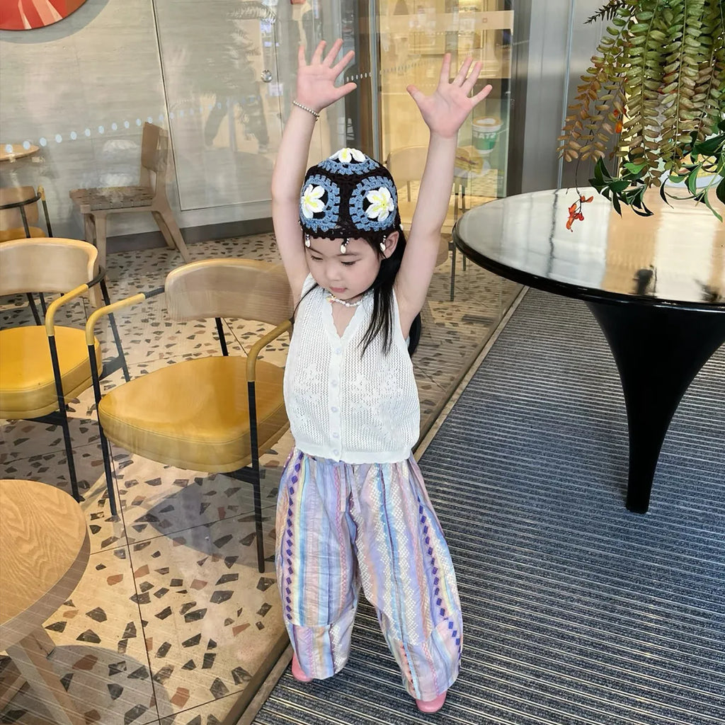 Korean-style trendy children's hat, hand-crocheted  hollow hat, outdoor breathable pullover hat, knitted hat for baby girls