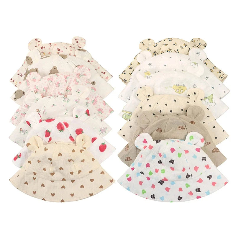 Muslin Baby Sun Hat Cartoon Print Kids Cap for Girls Boys 100% Cotton Toddler Summer Hats Children Panama Baby Cap 1-3Y