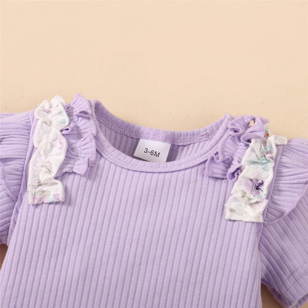 3pcs Baby girl Ruffle edge pit stripe Short sleeved Bodysuit+Elastic Printed Shorts+Bow Headband 0-18 Months Baby Summer Set
