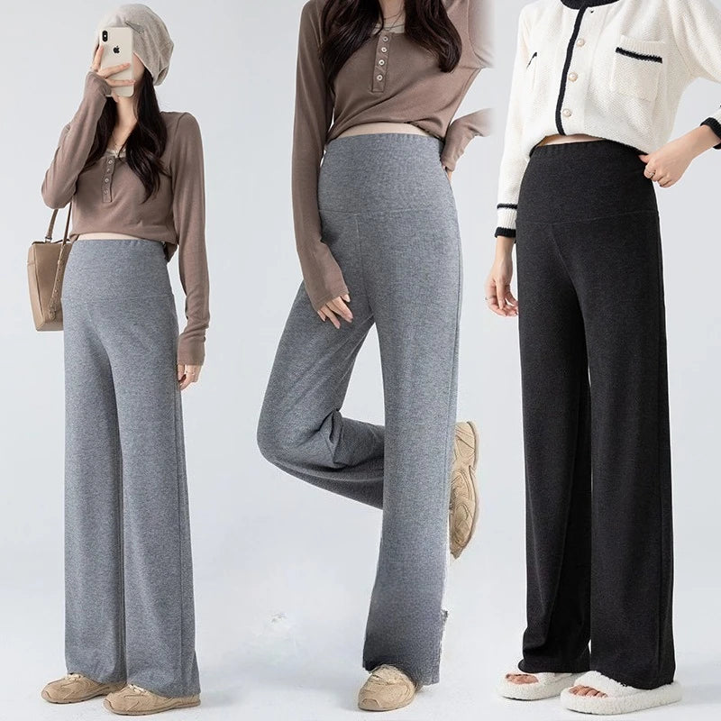 2026 Autumn Pregnant Woman Straight Pants Adjustable Waist Maternity Knitted Trousers