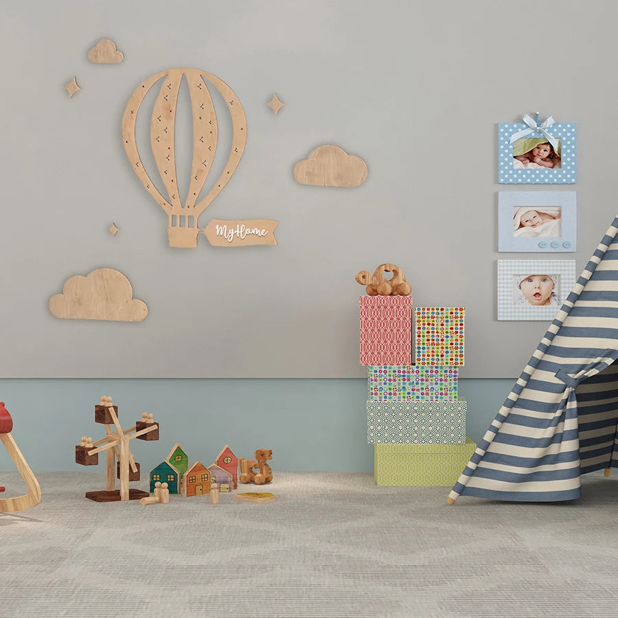 Ins Nordic Style “My Home” Wooden Hot Air Balloon and Cloud Star Wall Stickers, Hot Air Balloon with Hollow Star, Symbolizes Luck, Wall Decoration, Wooden Wall or Game Room Wall Sticker Decoration, Background Decoration,