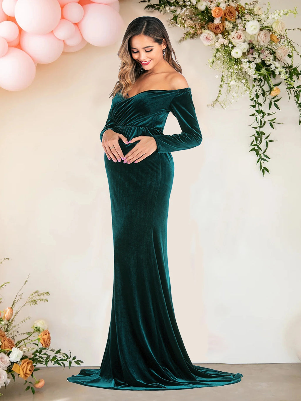 Velvet Maternity Off Shoulder Trailing Fitted Gown Maxi Photography Dress for Baby Shower Photo Props Dress