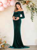 Velvet Maternity Off Shoulder Trailing Fitted Gown Maxi Photography Dress for Baby Shower Photo Props Dress