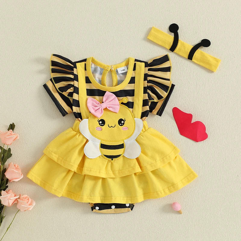 0-18M Newborn Baby Girl Romper Dress Summer Short Sleeve Striped Bee Pattern Tierred Bodysuit with Headband Cute Infant Clothes