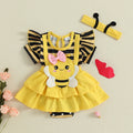 0-18M Newborn Baby Girl Romper Dress Summer Short Sleeve Striped Bee Pattern Tierred Bodysuit with Headband Cute Infant Clothes