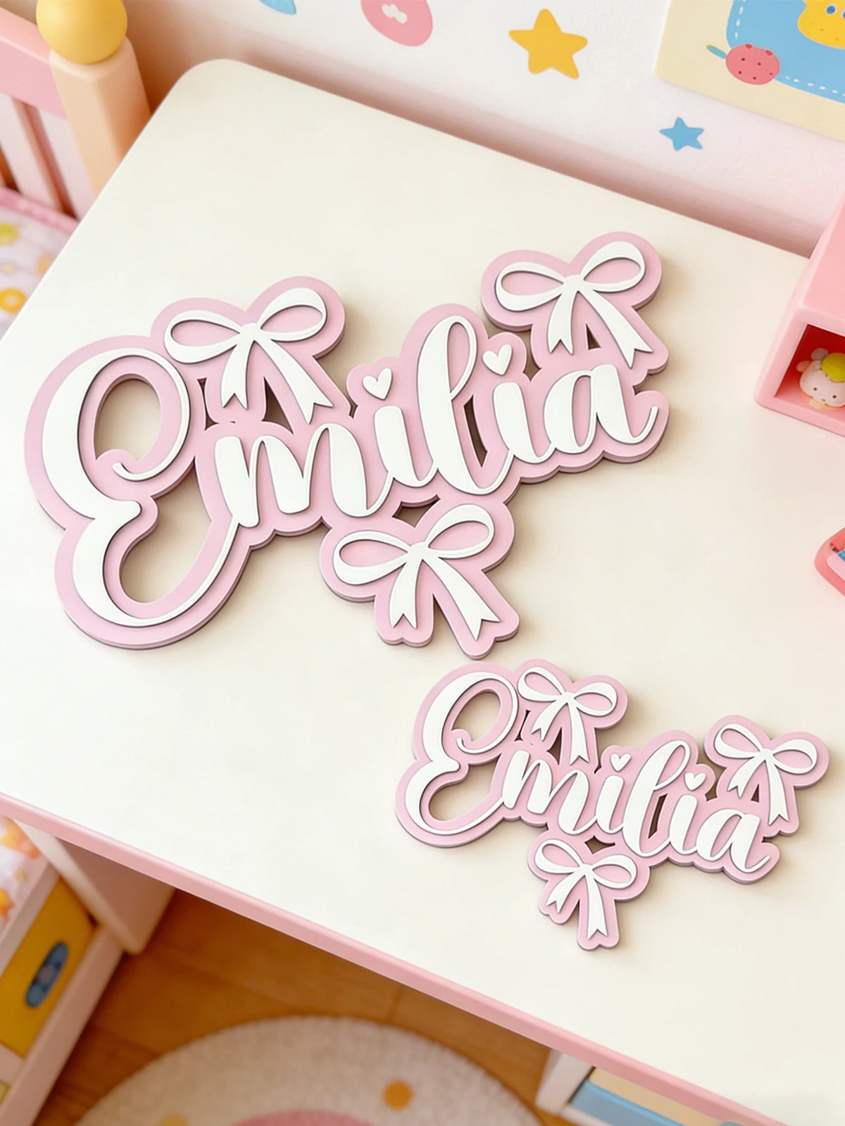 Personalized Wooden Name Sign for Girls – Pink Bow Heart Cursive Nursery Wall Decor