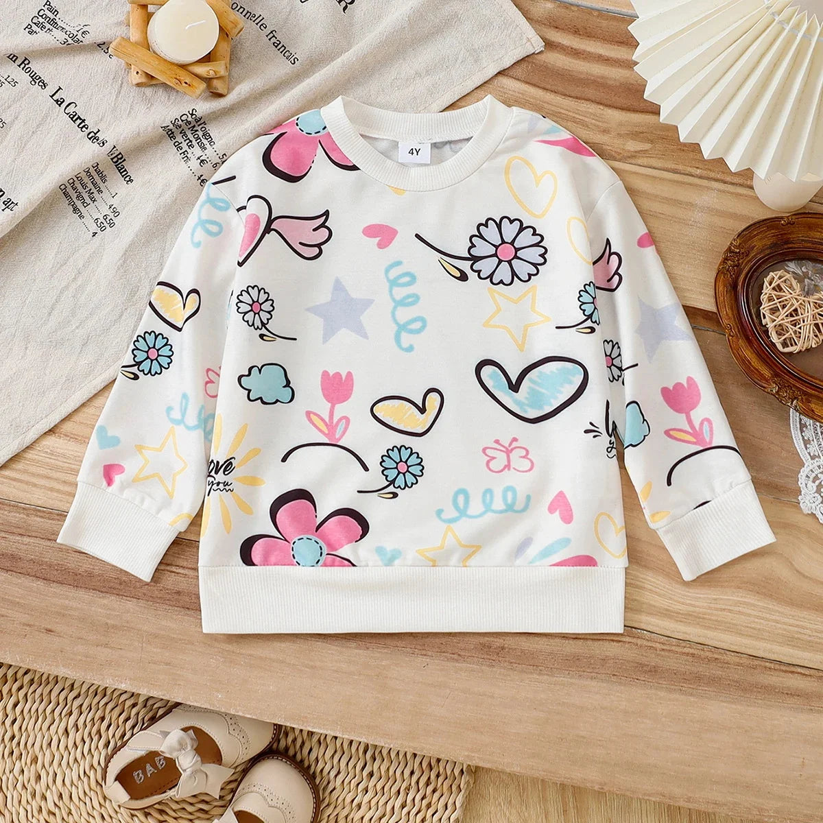 Children's clothing girls' Hoodie Round neck Graffiti Flower Pattern Long sleeved Casual Top for Girls Aged 4-7 in Autumn Hoodie
