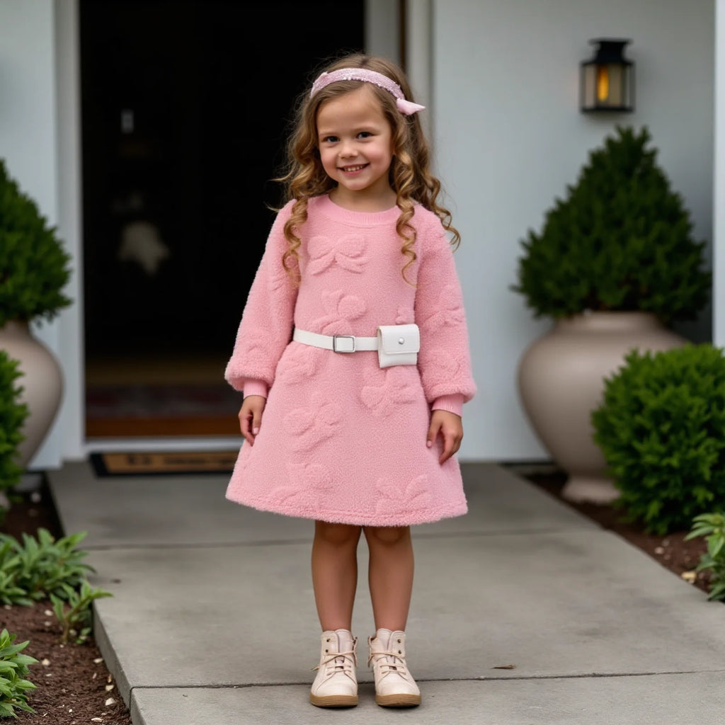 Kid girls Plush Long sleeved Dress Round neck, Pink Bow, Fashionable Dress+Mini bag 2Pcs Winter Dress  Girls  4-7 Years Dress