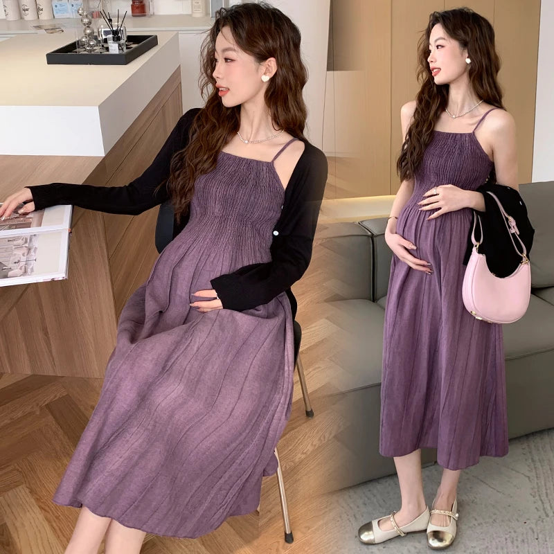 2026 Spring Maternity Dress Suits Long Sleeve Cardigans Strap Dress Twinset Pregnant Woman Clothing Set