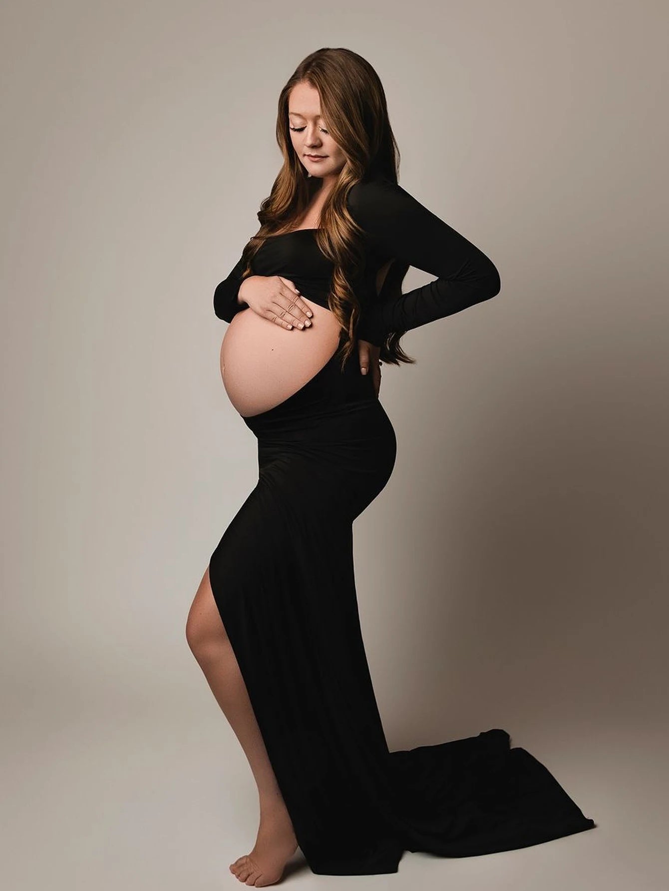 Maternity Dress Cut Out Backless Side Split Slim Long Sleeved Maxi Sexy Dress Gown For Baby Shower Photoshoot