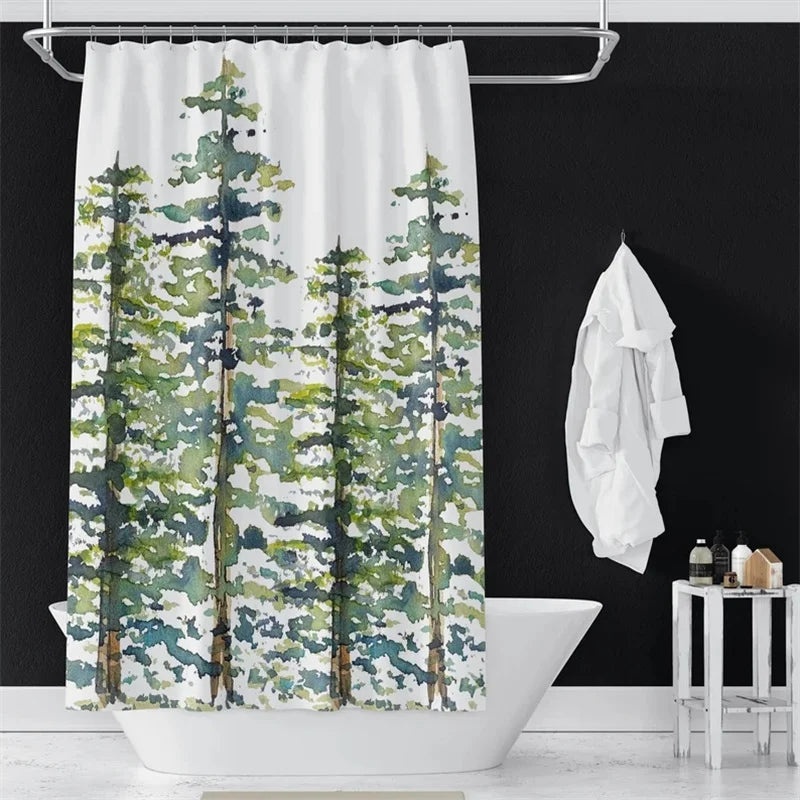 3D Digital Printed Shower Curtain, Thickened Waterproof Bathroom Curtain, Evergreen Tree Pattern Shower Curtain, Abstract Watercolor Tree, Waterproof and Anti-Fog Shower Curtain, No-Drill Set Bathroom Curtain