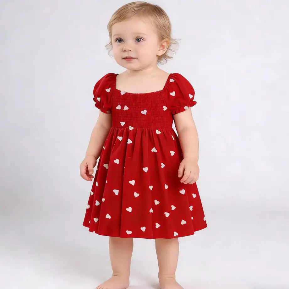 Girls Heart Print Puff Sleeve Dress – Summer Bow Princess Dress for Kids Ages 2-8, Cute Toddler Party & Daily Wear