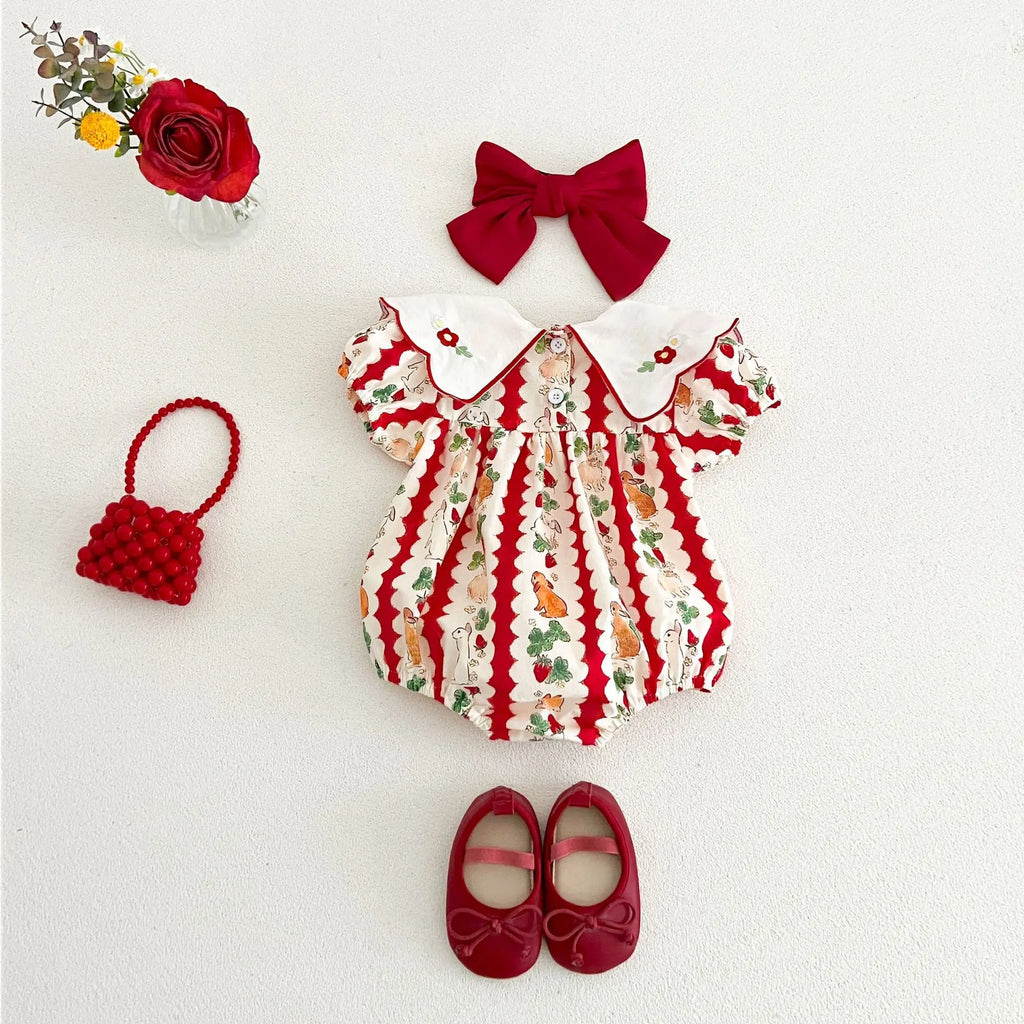 insBaby Girl Rabbit Cartoon Print Embroidered Collar Romper Infant Toddler Sweet Summer Short Sleeve Jumpsuit