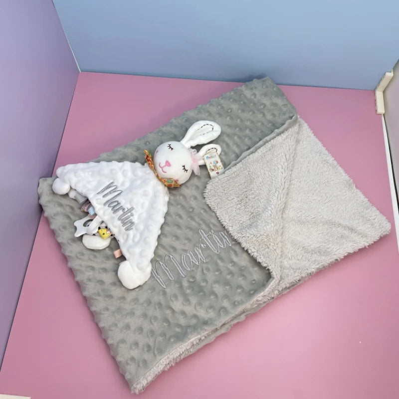 Personalized Newborn Baby Blanket with Name Custom Dot Minky Stroller Swaddle Set Security Towel Baby Shower Gift for Infant Boy