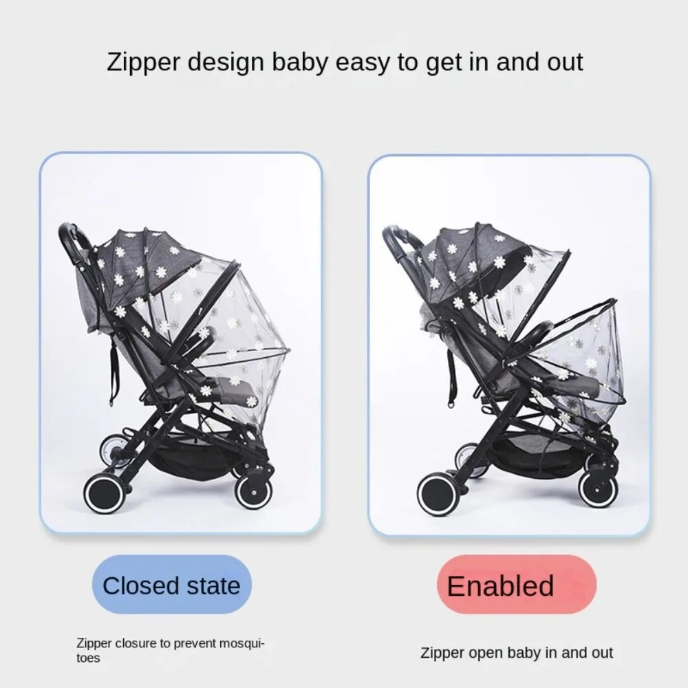 Flower Daisy Stroller Mosquito Net Carriage Full Cover Summer Mesh Canopy Zipper Type Mosquito Net Buggy Net