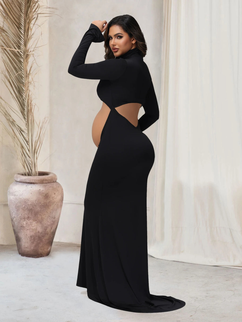 Pregnancy Dress Photography Props Maxi Gown Turtleneck Full Sleeve Cut Out Belly Bodycon Maternity PhotoShoot For Baby Shower