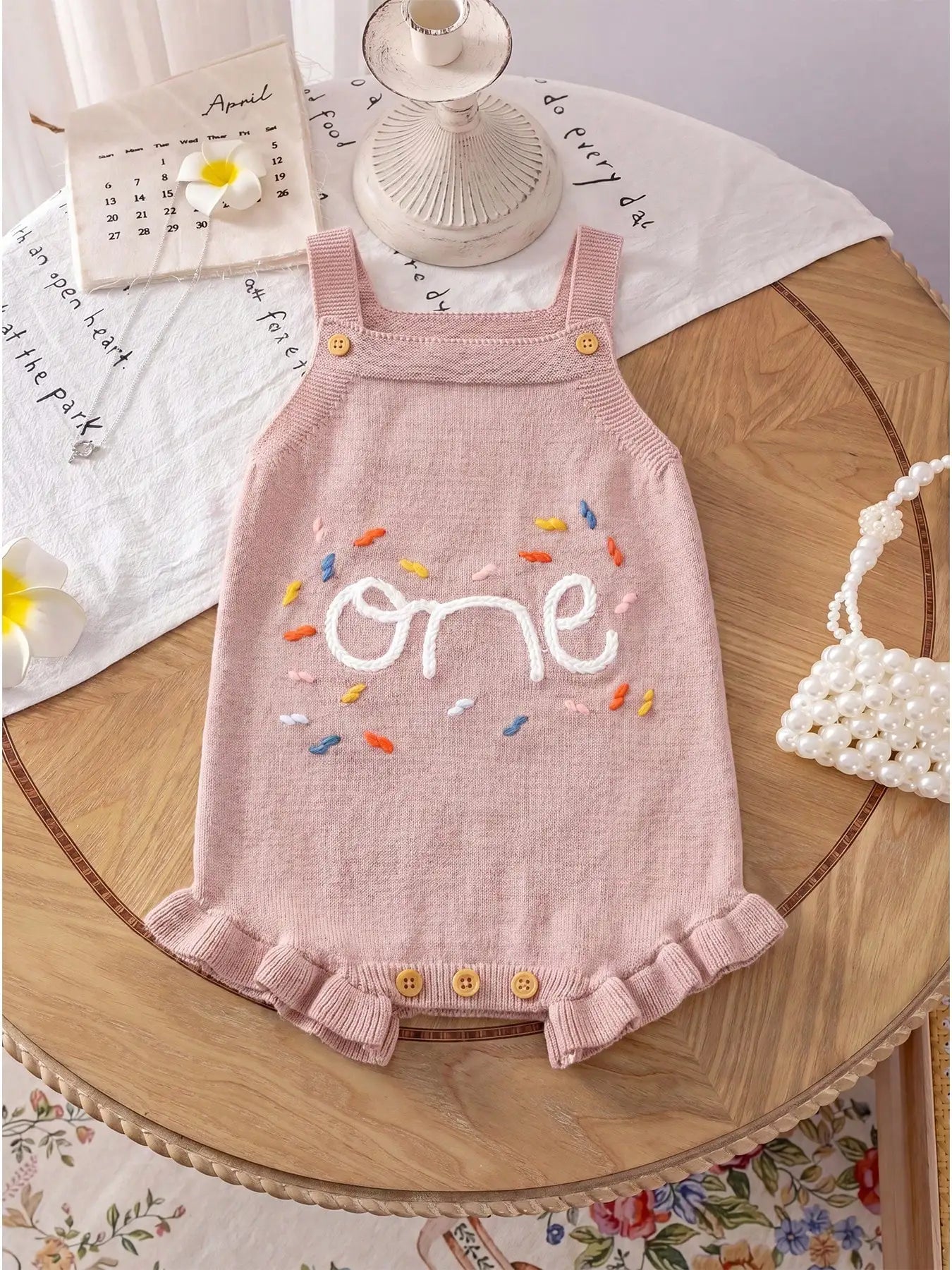 Cute and Sweet Summer Romper for Baby Girls with Colorful Embroidered "One" Lettering and Knit Suspenders
