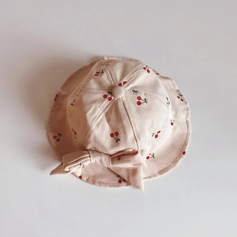 Cute Bowknot Baby Fisherman Hat Cherry Print Infant Bucket Cap 6-36Month Girls Kids Sunshade Visors Outdoor Children Basin Caps
