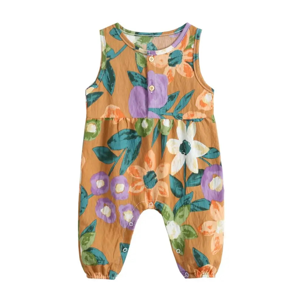 Baby Girls Printing Jumpsuits Flower Summer Rompers Cotton Toddler