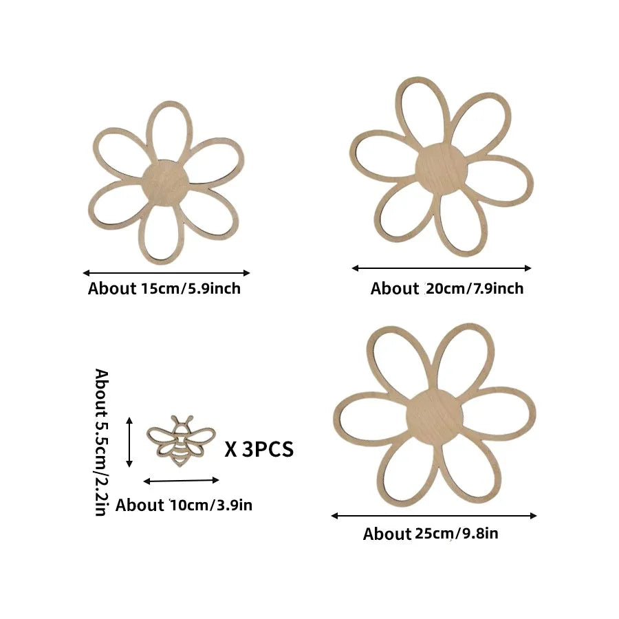 6Pcs/Set Nordic Style Wooden Hollow-Out Daisy Flower and Hollow-Out Bee Wall Decoration Wall Stickers, Natural Wood Style Decoration for Home Living Room, Bedroom, Cafe, Homestay Wall Wooden Wall Stickers Decoration