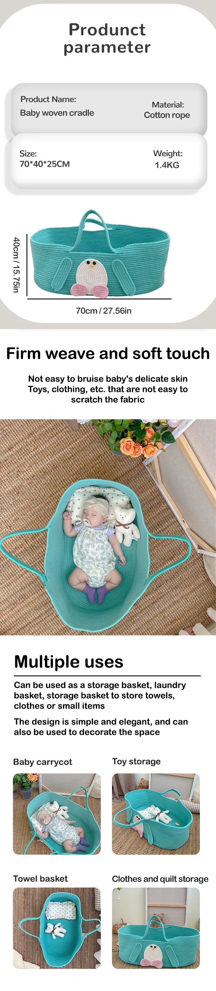 Cotton Rope Woven Baby Moses Basket With Handle Baby Diaper Changing Portable Bed Cartoon Penguin Hand Basket