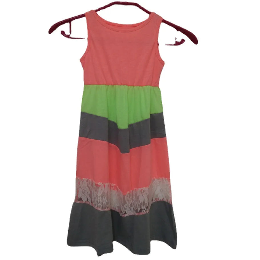 2026 Neon-Coloured Lace Family Matching Mother Daughter Dresses Clothes Striped Mom Dress Kids Child Outfits Mum Sister Baby