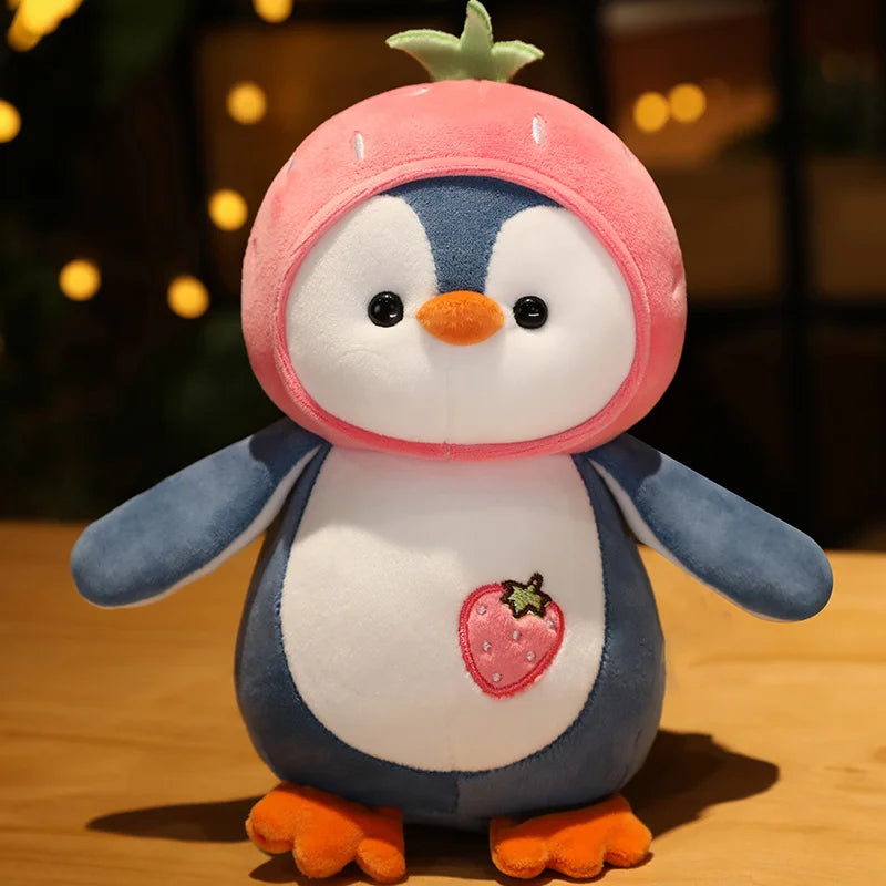 1PC Cartoon Penguin Plush Toys Kawaii Soft Doll Dress up Strawberry Orange Kids Plushie Girls Gift