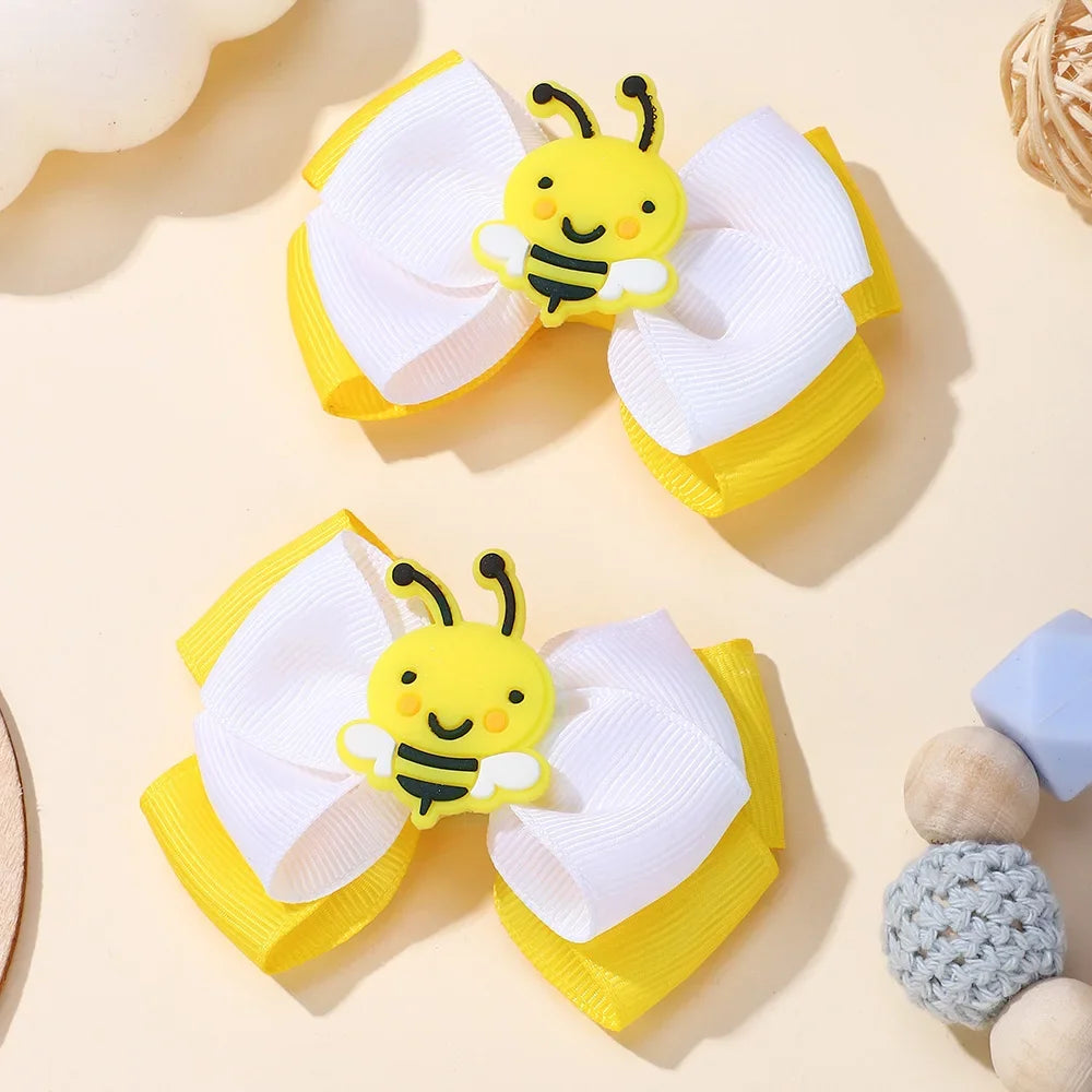 2Pcs Bee Themed Hair Bow Clips for Kids Girls Double Layer Solid Ribbon Bows Hairpins Unique Barrettes Hair Accessories Headwear
